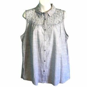 Tantrums Womens Sleeveless Blue Chambray Blouse Embroidered Eyelet Collar Sz L